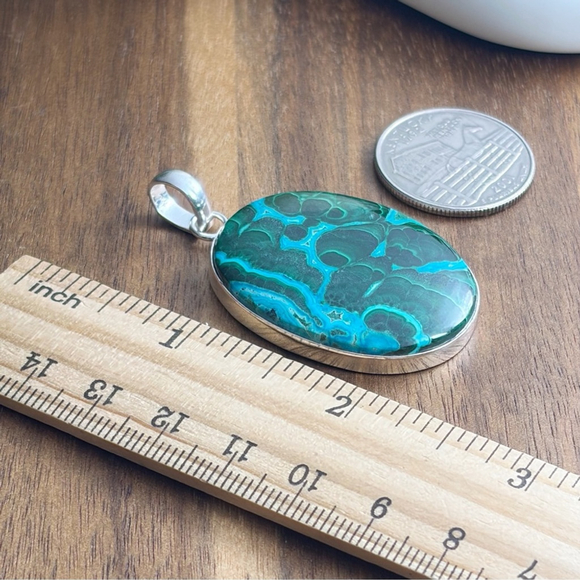 Sterling Silver 925 Large Top Quality Malachite Chrysocolla Pendant - Picture 8 of 10